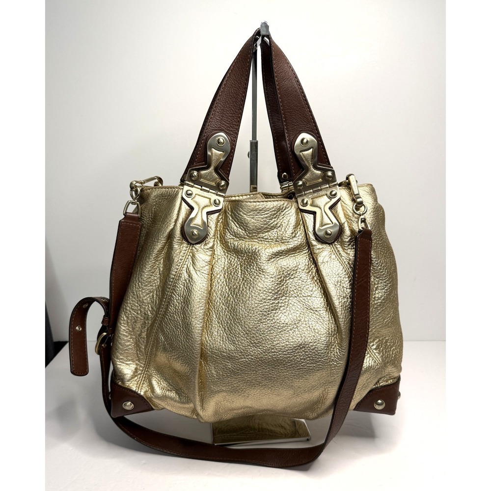Michael Kors Metallic Gold Pebbled Leather Brown Crossbody Purse Satchel Large